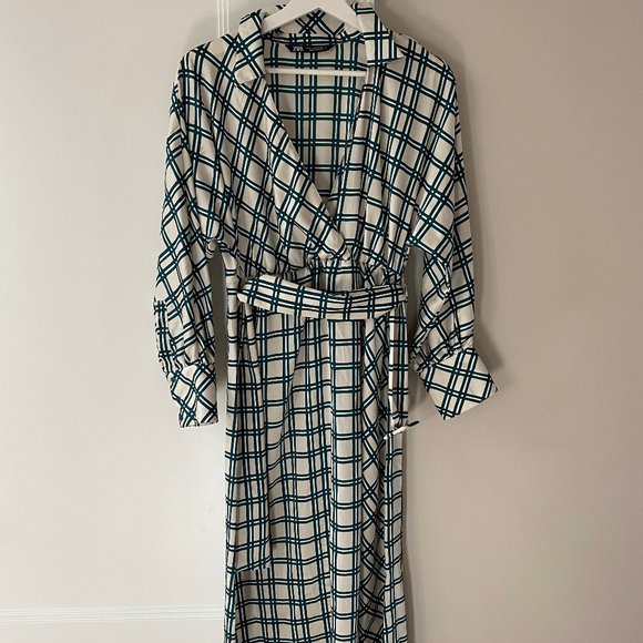 Zara Green and White Windowpane Silk Midi Dress XS - Picture 1 of 6